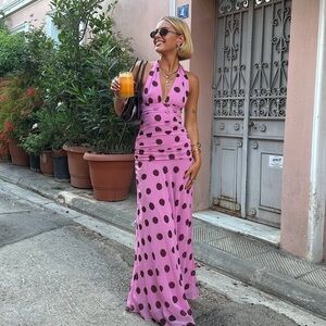 Pink Polka Dot Halter Maxi Dress